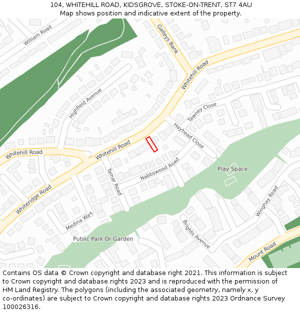 104, WHITEHILL ROAD, KIDSGROVE, STOKE-ON-TRENT, ST7 4AU: Location map and indicative extent of plot