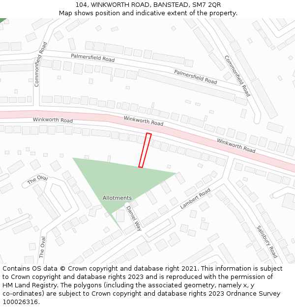 104, WINKWORTH ROAD, BANSTEAD, SM7 2QR: Location map and indicative extent of plot