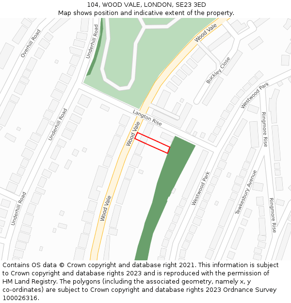 104, WOOD VALE, LONDON, SE23 3ED: Location map and indicative extent of plot