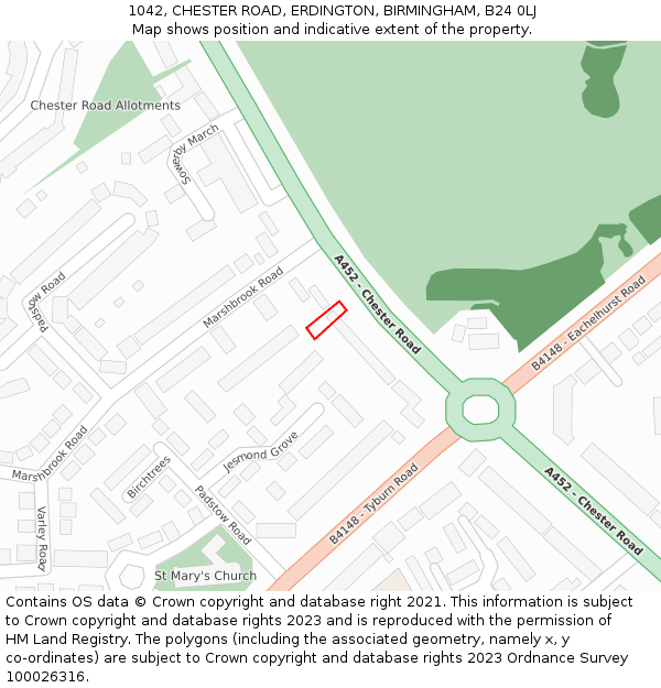 1042, CHESTER ROAD, ERDINGTON, BIRMINGHAM, B24 0LJ: Location map and indicative extent of plot