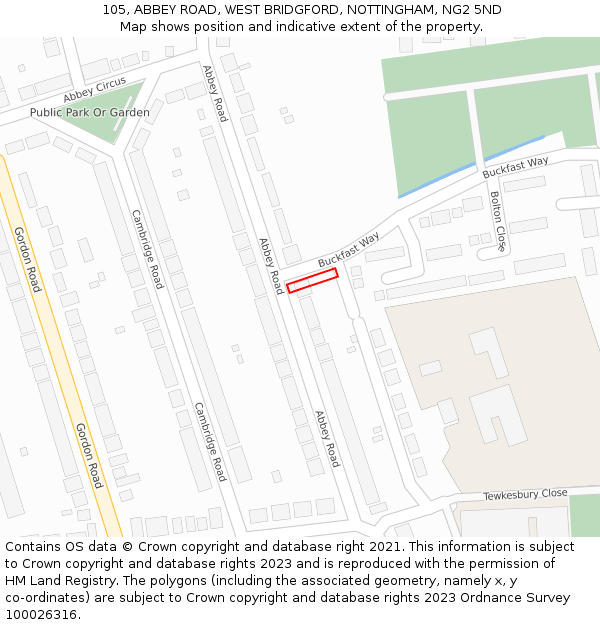 105, ABBEY ROAD, WEST BRIDGFORD, NOTTINGHAM, NG2 5ND: Location map and indicative extent of plot