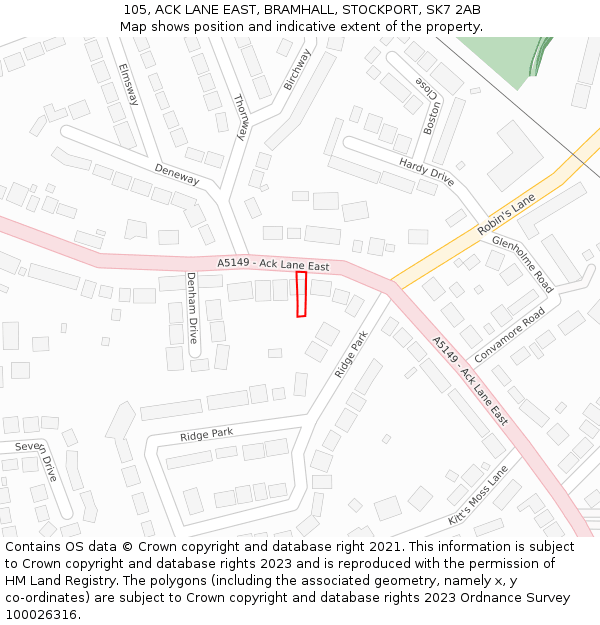 105, ACK LANE EAST, BRAMHALL, STOCKPORT, SK7 2AB: Location map and indicative extent of plot
