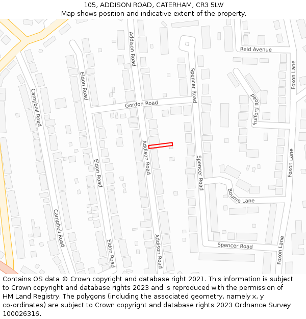 105, ADDISON ROAD, CATERHAM, CR3 5LW: Location map and indicative extent of plot