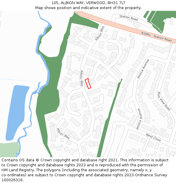 105, ALBION WAY, VERWOOD, BH31 7LT: Location map and indicative extent of plot