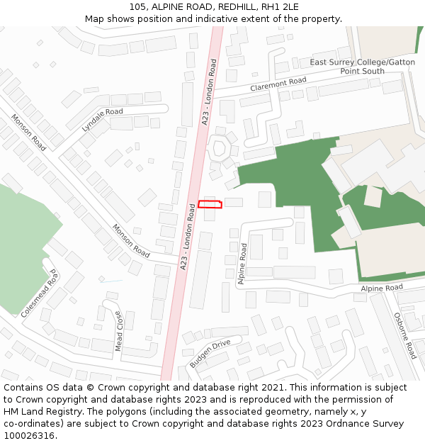 105, ALPINE ROAD, REDHILL, RH1 2LE: Location map and indicative extent of plot