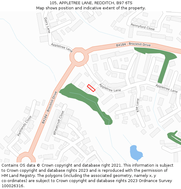 105, APPLETREE LANE, REDDITCH, B97 6TS: Location map and indicative extent of plot