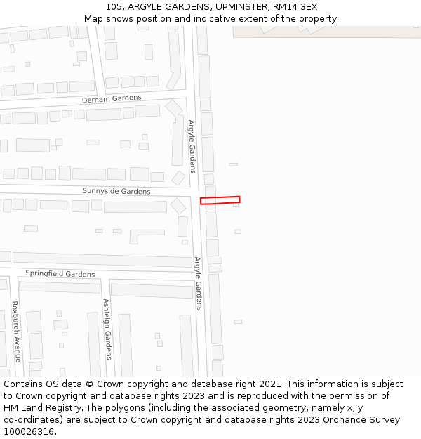 105, ARGYLE GARDENS, UPMINSTER, RM14 3EX: Location map and indicative extent of plot