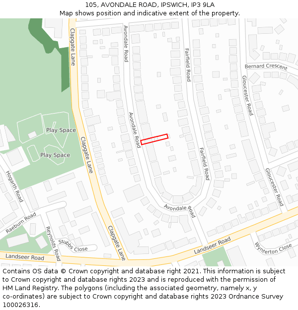 105, AVONDALE ROAD, IPSWICH, IP3 9LA: Location map and indicative extent of plot