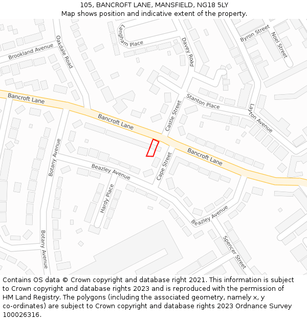 105, BANCROFT LANE, MANSFIELD, NG18 5LY: Location map and indicative extent of plot