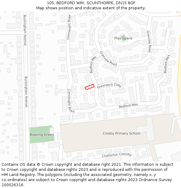 105, BEDFORD WAY, SCUNTHORPE, DN15 8GF: Location map and indicative extent of plot