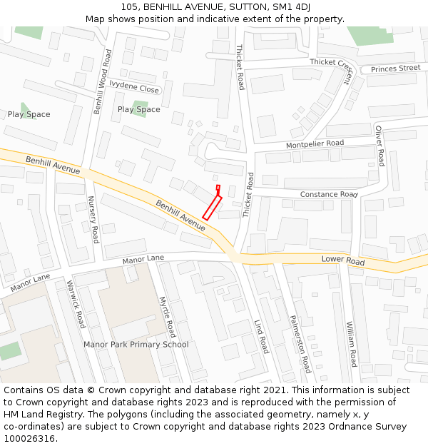 105, BENHILL AVENUE, SUTTON, SM1 4DJ: Location map and indicative extent of plot