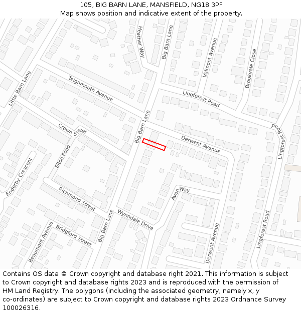 105, BIG BARN LANE, MANSFIELD, NG18 3PF: Location map and indicative extent of plot