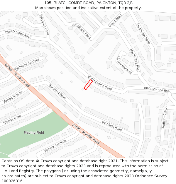 105, BLATCHCOMBE ROAD, PAIGNTON, TQ3 2JR: Location map and indicative extent of plot