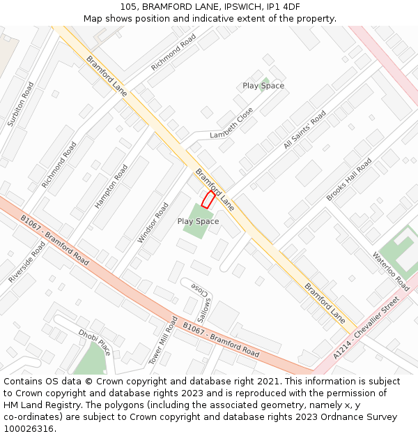 105, BRAMFORD LANE, IPSWICH, IP1 4DF: Location map and indicative extent of plot