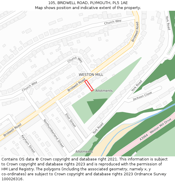 105, BRIDWELL ROAD, PLYMOUTH, PL5 1AE: Location map and indicative extent of plot