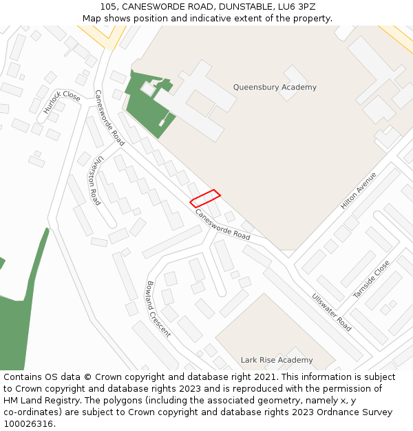 105, CANESWORDE ROAD, DUNSTABLE, LU6 3PZ: Location map and indicative extent of plot