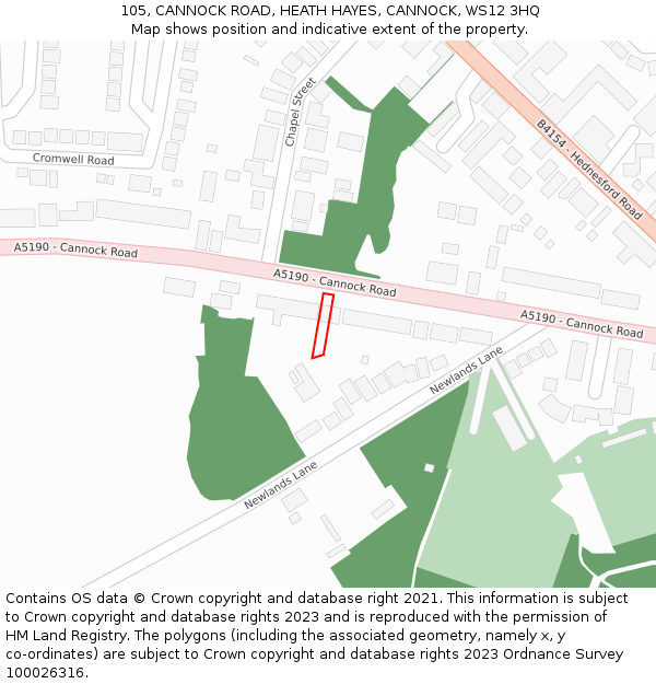 105, CANNOCK ROAD, HEATH HAYES, CANNOCK, WS12 3HQ: Location map and indicative extent of plot