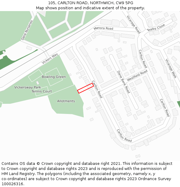 105, CARLTON ROAD, NORTHWICH, CW9 5PG: Location map and indicative extent of plot