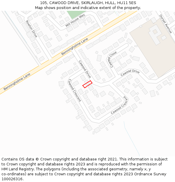 105, CAWOOD DRIVE, SKIRLAUGH, HULL, HU11 5ES: Location map and indicative extent of plot