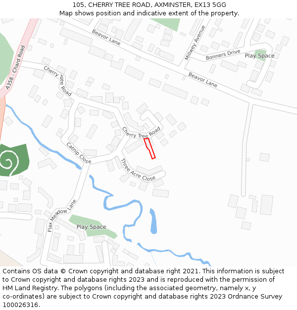 105, CHERRY TREE ROAD, AXMINSTER, EX13 5GG: Location map and indicative extent of plot