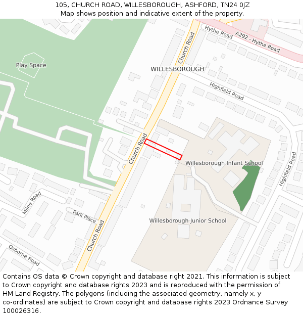 105, CHURCH ROAD, WILLESBOROUGH, ASHFORD, TN24 0JZ: Location map and indicative extent of plot