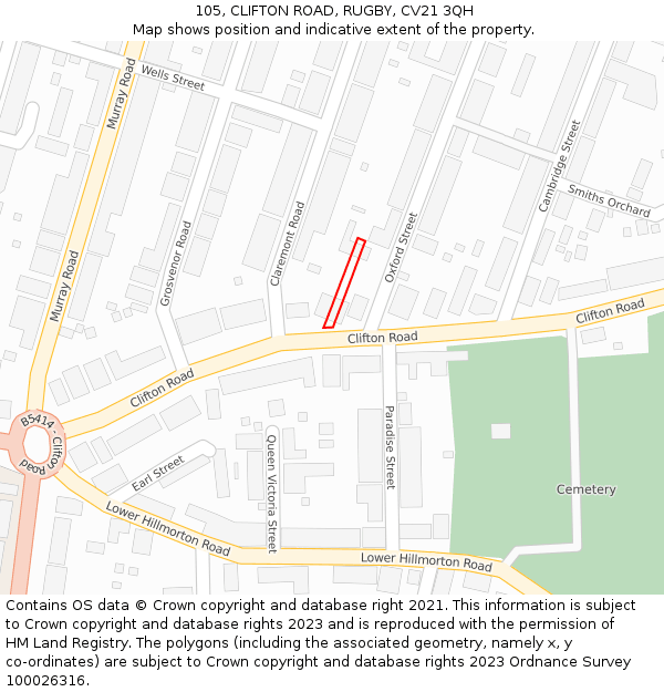 105, CLIFTON ROAD, RUGBY, CV21 3QH: Location map and indicative extent of plot