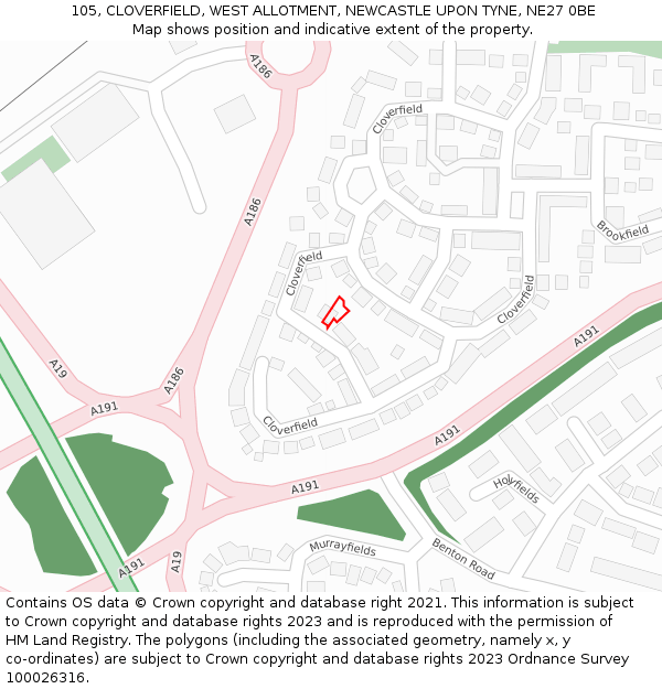 105, CLOVERFIELD, WEST ALLOTMENT, NEWCASTLE UPON TYNE, NE27 0BE: Location map and indicative extent of plot