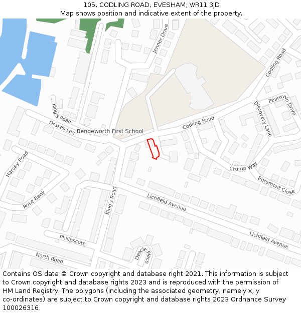 105, CODLING ROAD, EVESHAM, WR11 3JD: Location map and indicative extent of plot