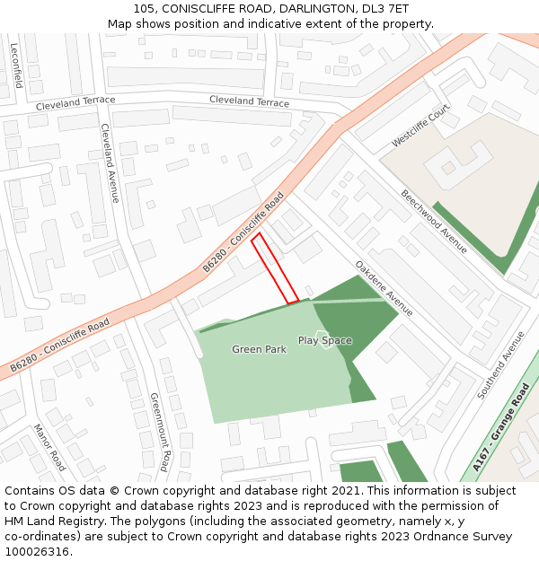 105, CONISCLIFFE ROAD, DARLINGTON, DL3 7ET: Location map and indicative extent of plot