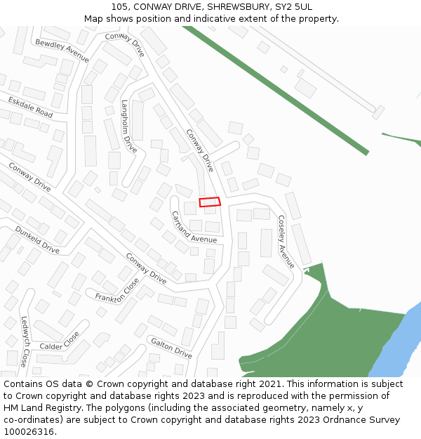 105, CONWAY DRIVE, SHREWSBURY, SY2 5UL: Location map and indicative extent of plot