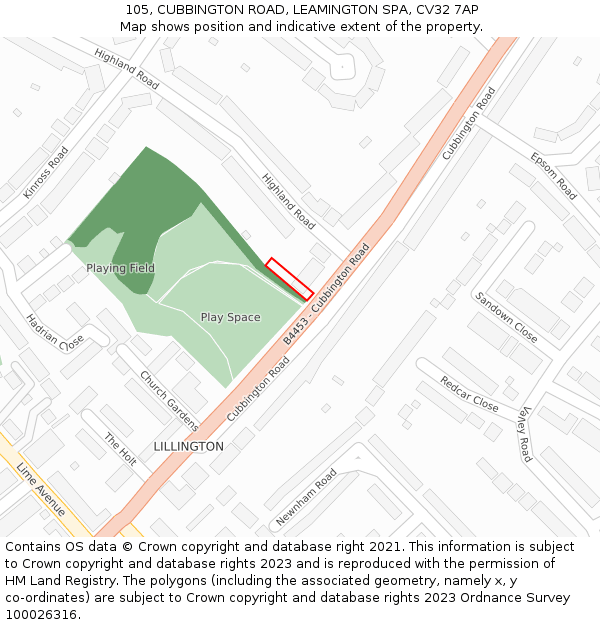 105, CUBBINGTON ROAD, LEAMINGTON SPA, CV32 7AP: Location map and indicative extent of plot