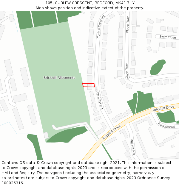 105, CURLEW CRESCENT, BEDFORD, MK41 7HY: Location map and indicative extent of plot