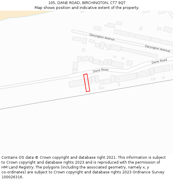 105, DANE ROAD, BIRCHINGTON, CT7 9QT: Location map and indicative extent of plot