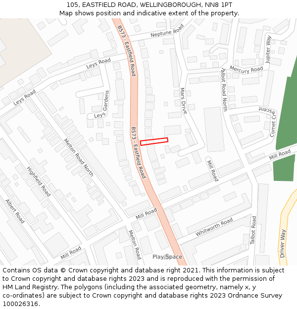 105, EASTFIELD ROAD, WELLINGBOROUGH, NN8 1PT: Location map and indicative extent of plot