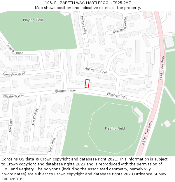 105, ELIZABETH WAY, HARTLEPOOL, TS25 2AZ: Location map and indicative extent of plot