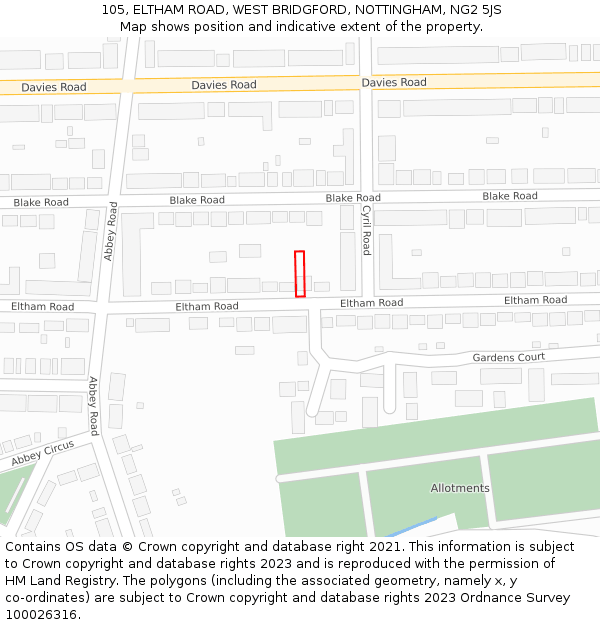 105, ELTHAM ROAD, WEST BRIDGFORD, NOTTINGHAM, NG2 5JS: Location map and indicative extent of plot