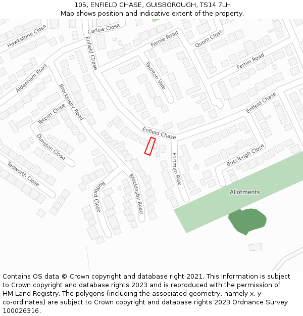 105, ENFIELD CHASE, GUISBOROUGH, TS14 7LH: Location map and indicative extent of plot