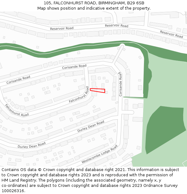 105, FALCONHURST ROAD, BIRMINGHAM, B29 6SB: Location map and indicative extent of plot