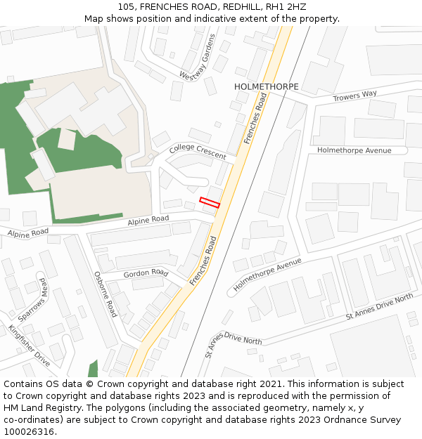 105, FRENCHES ROAD, REDHILL, RH1 2HZ: Location map and indicative extent of plot