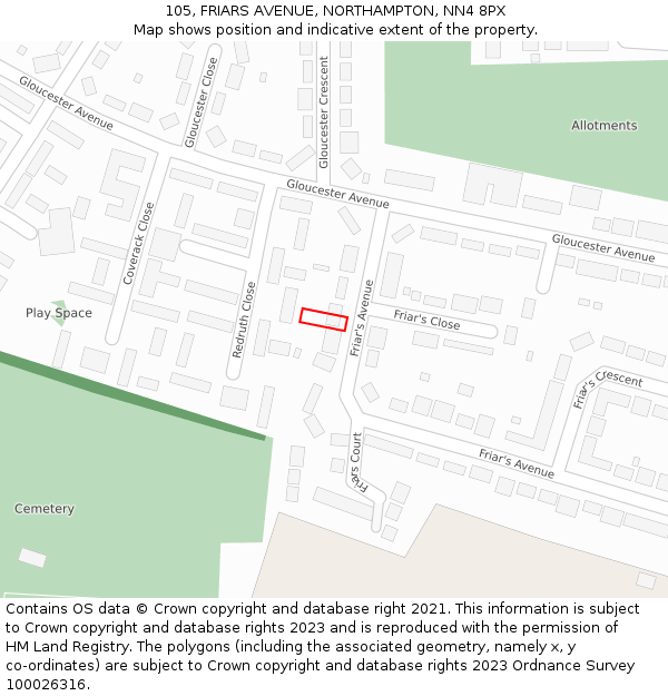 105, FRIARS AVENUE, NORTHAMPTON, NN4 8PX: Location map and indicative extent of plot