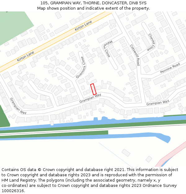 105, GRAMPIAN WAY, THORNE, DONCASTER, DN8 5YS: Location map and indicative extent of plot