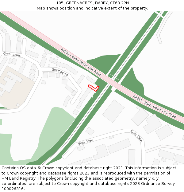 105, GREENACRES, BARRY, CF63 2PN: Location map and indicative extent of plot