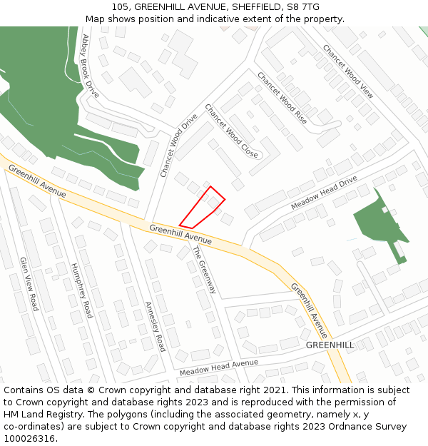 105, GREENHILL AVENUE, SHEFFIELD, S8 7TG: Location map and indicative extent of plot