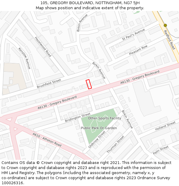 105, GREGORY BOULEVARD, NOTTINGHAM, NG7 5JH: Location map and indicative extent of plot