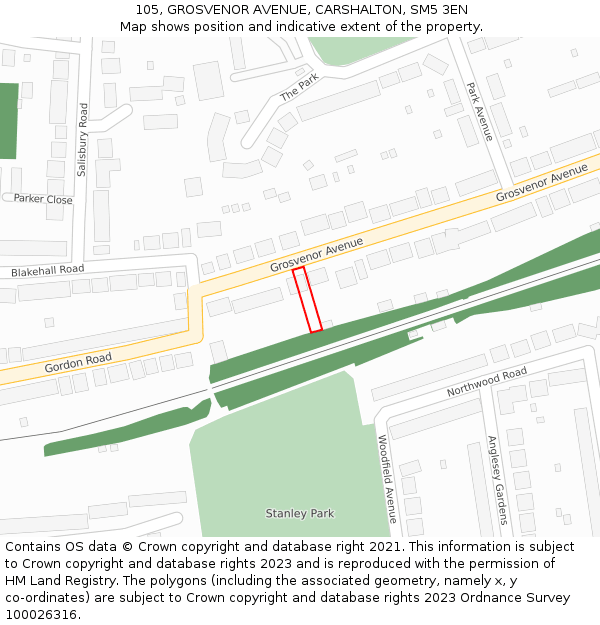 105, GROSVENOR AVENUE, CARSHALTON, SM5 3EN: Location map and indicative extent of plot