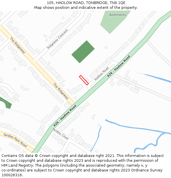 105, HADLOW ROAD, TONBRIDGE, TN9 1QE: Location map and indicative extent of plot