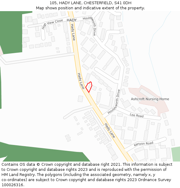 105, HADY LANE, CHESTERFIELD, S41 0DH: Location map and indicative extent of plot