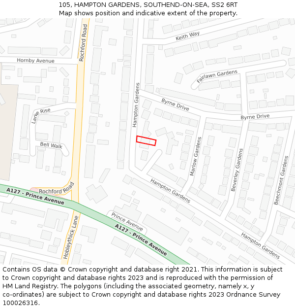 105, HAMPTON GARDENS, SOUTHEND-ON-SEA, SS2 6RT: Location map and indicative extent of plot