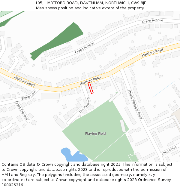 105, HARTFORD ROAD, DAVENHAM, NORTHWICH, CW9 8JF: Location map and indicative extent of plot