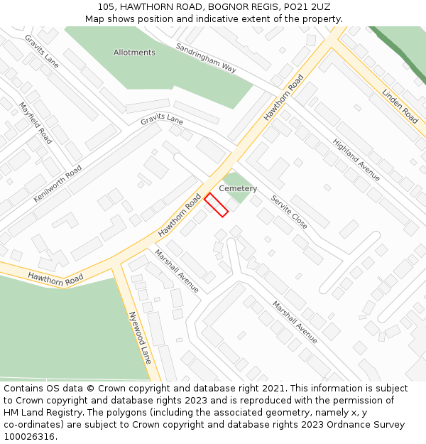 105, HAWTHORN ROAD, BOGNOR REGIS, PO21 2UZ: Location map and indicative extent of plot